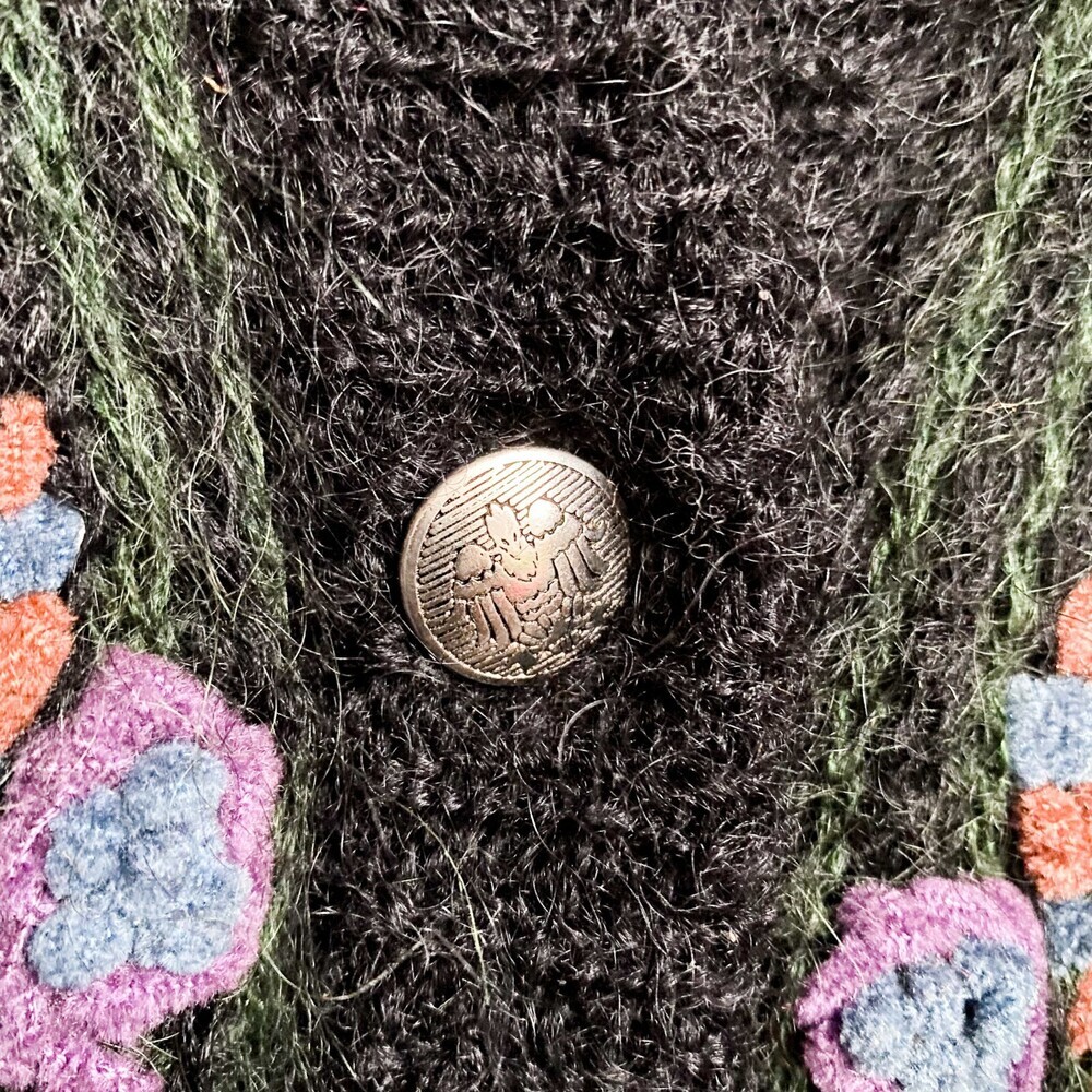 Vintage Baroni Tricot Black Mohair Floral Embroidery Cardigan Sweater L - Picture 4 of 5